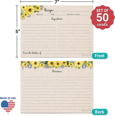 321Done Jumbo XL Sunflower Recipe Cards (Set of 50) Extra Large 5x7 Rustic Kraft Tan - From the Kitchen of for Weddings, Baby, Bridal Shower - Made in USA by 321Done
