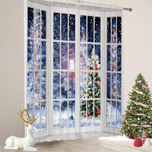 Winter Scenery Window Curtain 2 Panels, 82X84 Inch, Snowflake Christmas Tree Fabric Drapes for Bedroom Living Room