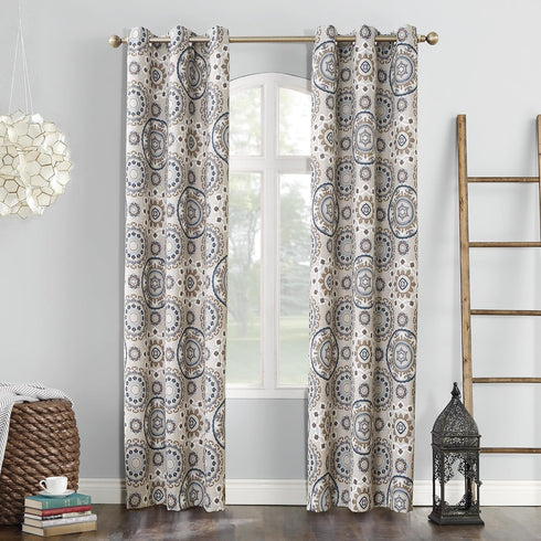 Sun Zero Nepal Global Medallion Print Blackout Grommet Curtain Panel, 40" x 84", Linen