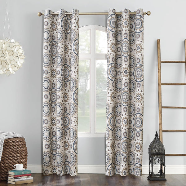 Sun Zero Nepal Global Medallion Print Blackout Grommet Curtain Panel, 40" x 84", Linen