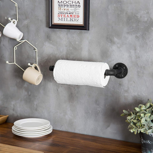 MyGift Paper Towel Holder Under Cabinet Paper Towel Holder Wall Mount, Industrial Pipe Matte Black Hanging Kitchen