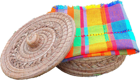 Authentic Mexican Tortilla Warmer Basket - Handwoven Pine Needle with Handloomed Cloth (Natural 7" w cloth)