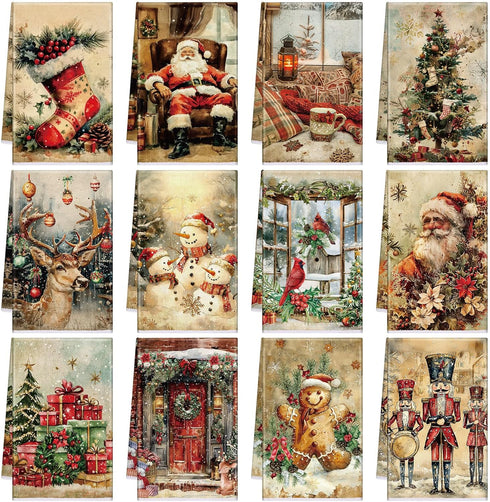 VitalCozy 12 Pcs Christmas Kitchen Towels and Dishcloths Xmas Santa Christmas Tree