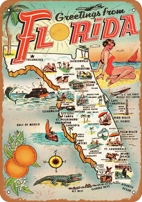 Vintage Retro Collectible Tin Sign - 1954 Greetings from Florida, 12x8 inch Wall Decoration for Home Bar