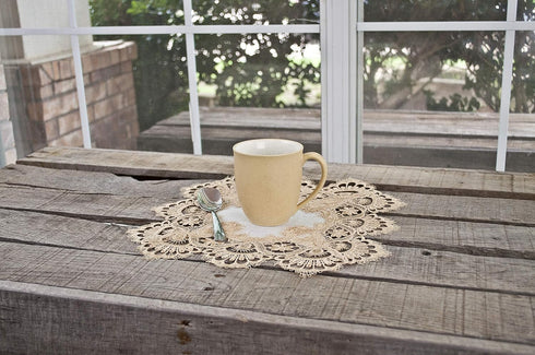 Gold European Lace and Antique Jacquard Fabric Doily - 14 Inch Square Placemat
