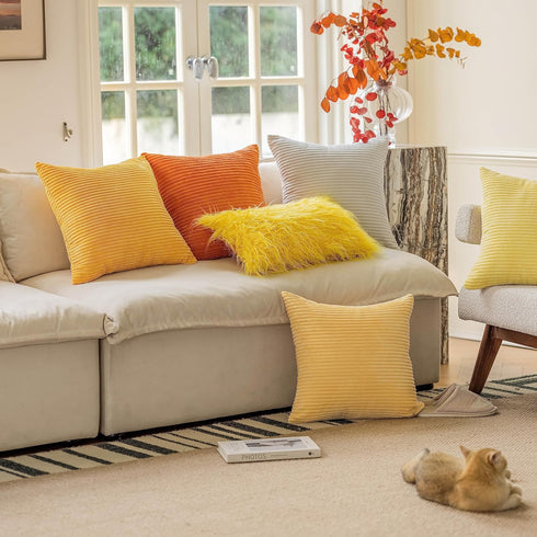 Home Brilliant Yellow Throw Pillow Covers Set of 2, 18x18 Super Soft Decorative Striped Corduroy Mustard Pillows