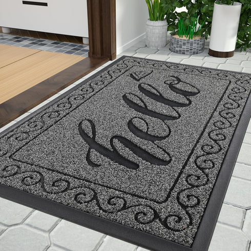 Yimobra Hello Door Mat, Heavy Duty Non-Slip Outdoor Welcome Mat for Home Entry, 29.5 x 17 Inch, Black Gray