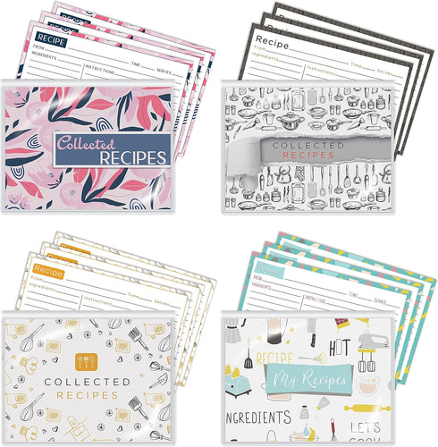 Better Kitchen Products 24 Pocket Mini Recipe Card Books with 100 4 x 6 Recipe Cards, 4 Pack with Assorted Designs