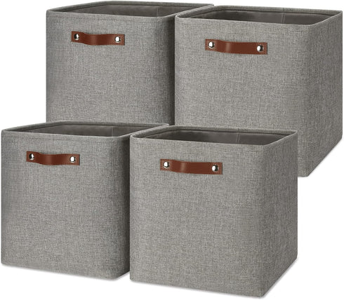 Temary 13 Inch Fabric Storage Baskets, Set of 4 Cube Bins for Home and Office with Leather Handles in Grey