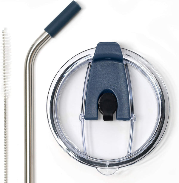 Spill Proof Tumbler Lid with Angled Stainless Steel Straw + Silicone Tip + Cleaning Brush for Yeti Rambler or Ozark