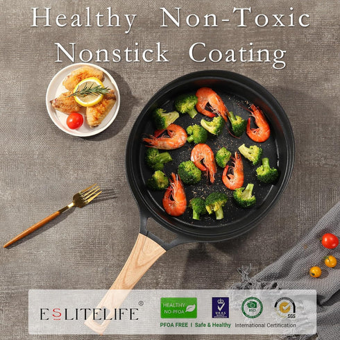 ESLITE LIFE Nonstick Deep Frying Pan Skillet with Lid, 9.5 Inch Healthy Granite Coating (Black)