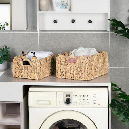 Set 2 iEGrow Scalloped Wicker Basket, of Woven Rattan Natural Water Hyacinth Baskets with Built-in Handles, Rectangle