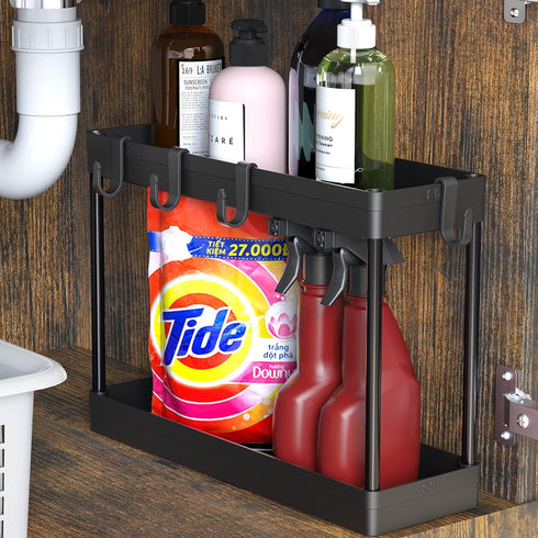 Simple Houseware 2-Tier Under Sink Organizer Storage Tray with Hooks, Black by Simple Houseware