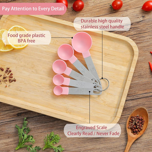 Huygens Measuring Cups and Spoons Set, 10 Pieces, Stackable Stainless Steel Handle, Pink for Dry and Liquid Ingredients