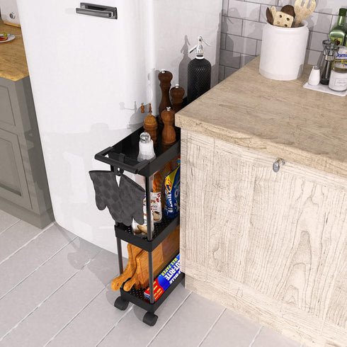 Simple Houseware 3-Tier Slim Kitchen Cart, Super Narrow with Handle, Hooks, and Storage Shelves, Black
