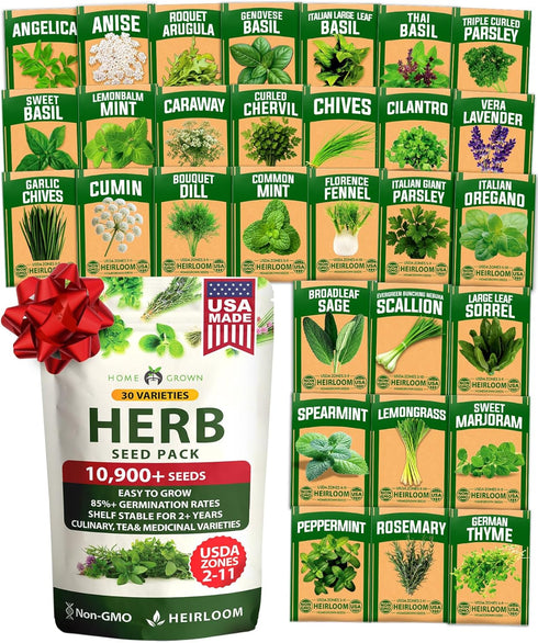 HOME GROWN 30 Herb Seeds for Planting 10,900+ Non-GMO Heirloom Seeds |