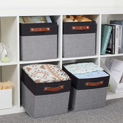 HNZIGE Fabric 11x11 Cube Storage Bins, Set of 4, Foldable Baskets for Shelves with Handles for Home Toy Organizer