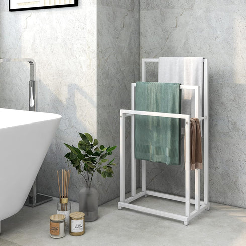 3-Tier 3 BOFENG White Metal Towel Rack Bars Freestanding Towel Holder Drying Shelf Stand Towel Bar Storage Ladder