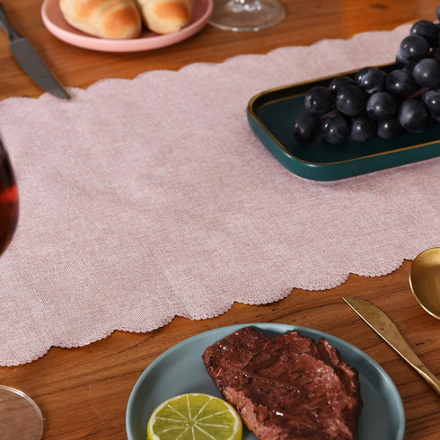 Winotic 13 90 Inches (13 90, Table Runner x Long, Cotton Linen Farmhouse Scallop Style Pink Table Linen for Kitchen