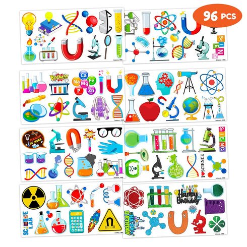 96PCS Funny Science Temporary Tattoos, Mad Scientist Laboratory Birthday Party Decorations, Math Chemistry Experiment