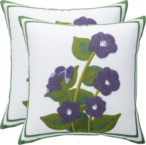 Set of 2 Embroidered Throw Pillow Covers 18x18 Inch, Purple Flower with Green Leaves for Living Room Sofa