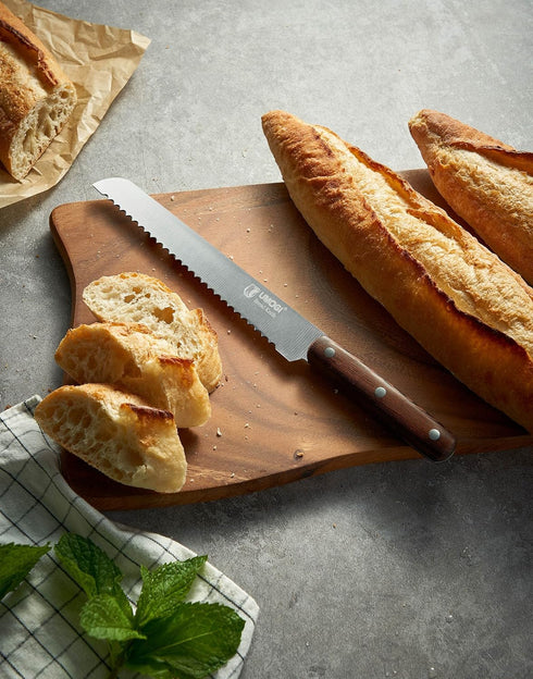 Bread Knife 8 Inch with Sheath - German High Carbon Stainless Steel, Ergonomic Grip Full Tang Wood Handle - Serrated Edge Home Kitchen Knife for Bread Tomatoes & Cake by UMOGI