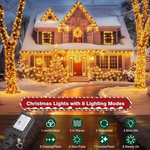 Dofulay 49FT 600 8 Christmas Cluster Lights Plug-in LED Fairy String Lights, Modes Timer Waterproof for Christmas Tree