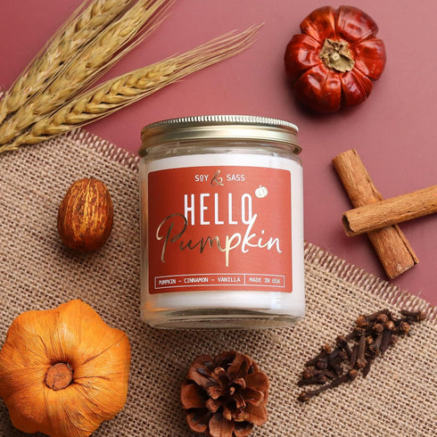 Fall Candles - 'Hello Pumpkin' Soy Pumpkin Spice Candle, Infused with Essential Oils, 9oz Reusable Jar, 50 Hour Burn