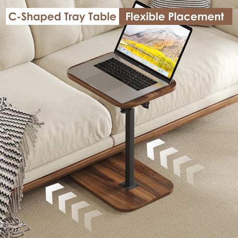 360 Side Table Sofa Tv Tray Height Adjustable C Shaped End Table Swivel Overbed Living Room Couch Table, Walnut
