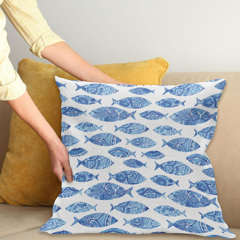 18" 18", Ambesonne Blue Throw Pillow Cushion Cover, Fish Sea Animal with Ottoman Ornate Mosaic Hand Drawn Style Marine