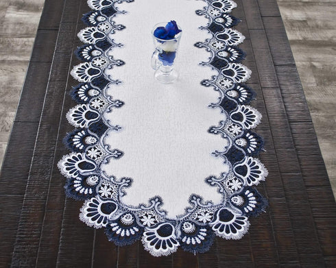 Linens, Art and Things White Navy Blue Jacquard Peacock Tail Lace Dresser Scarf Table Runner (16Wx35L)