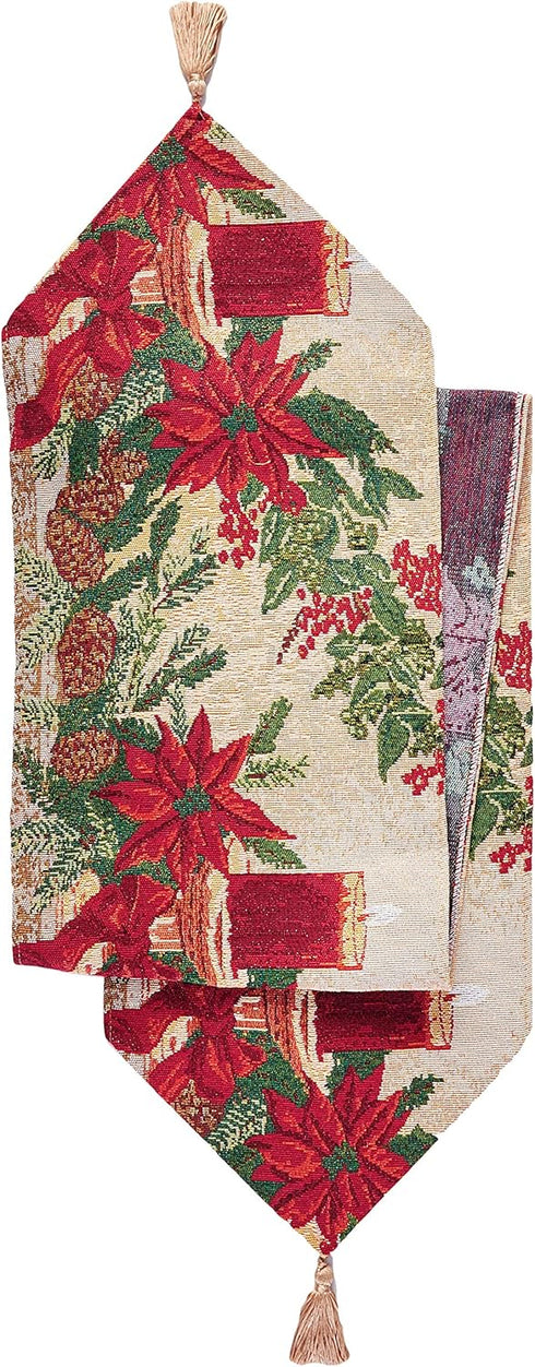 Decorative Christmas Poinsettias Candles Design Tapestry, 13" X 70" Table Runner