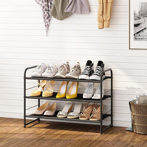 3 Simple Trending Tier Stackable Shoe Rack, Expandable Adjustable Fabric Shoe Shelf Storage Organizer, Black