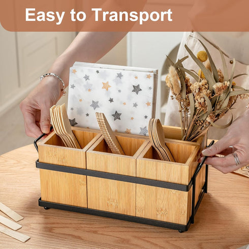PTSTING Wood Silverware Caddy, Utensil Holder, Paper Plate Dispenser, Cutlery Organizer Box