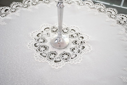 Linens, Art and Things European White Lace on Ivory Table Topper, Small Tablecloth, 33 Inch Round