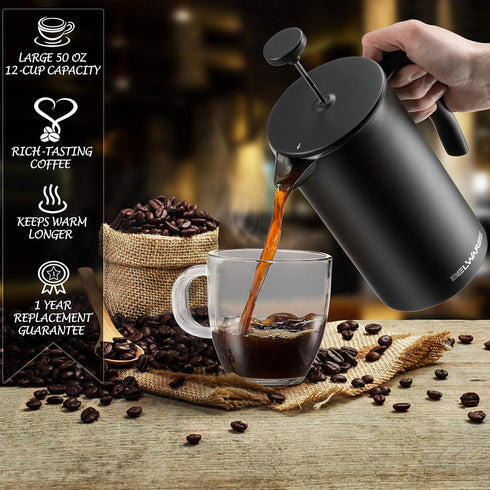 Belwares French Press Coffee Maker 50 OZ - Large Insulated Stainless Steel 304 Coffee Press with Double Wall