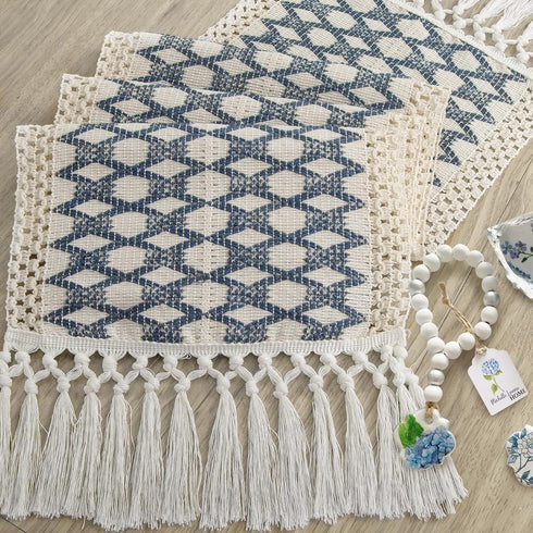 48 Inch, yuboo Blue and White Table Runner Short Boho Woven Coffee Table Runner for Round Table, Coastal Farmhouse