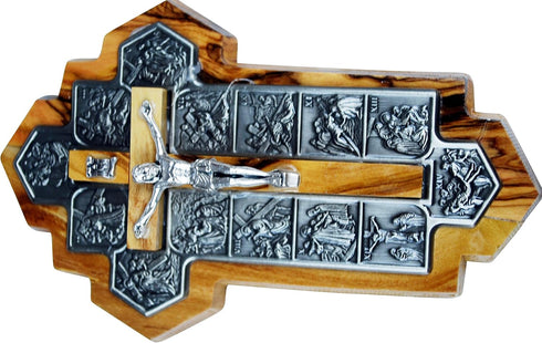 Olive Wood Crucifix, 14 Stations of the Cross Etched on Metal, 14x9x1 cm