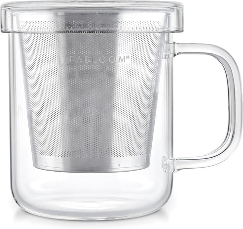 Teabloom Premium Borosilicate Glass Mug, 8 Ounces with Stainless Steel Loose Leaf Tea Infuser and Lid