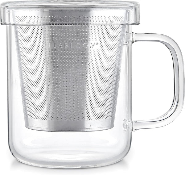 Teabloom Premium Borosilicate Glass Mug, 8 Ounces with Stainless Steel Loose Leaf Tea Infuser and Lid