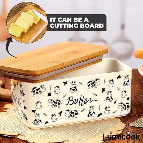2 porcelain butter dish with lid, Natural bamboo lid, seal included for airtight butter dish, butter holder easily fits