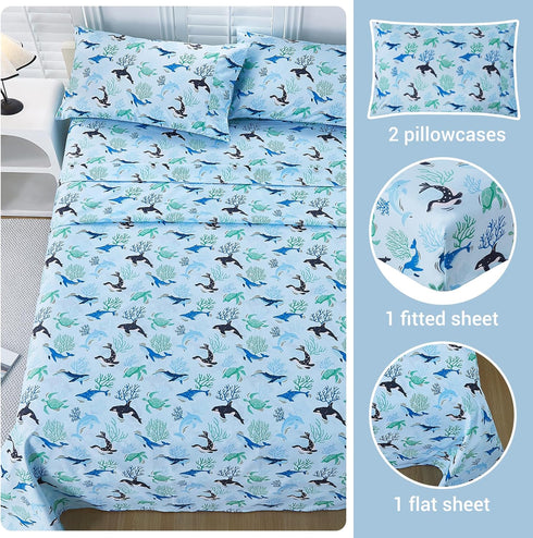 4 Set Sets Viviland Pieces Boys Blue Ocean Full Sheet - Soft Microfiber Fitted Flat Sheets & Pillowcases - Blue Ocean