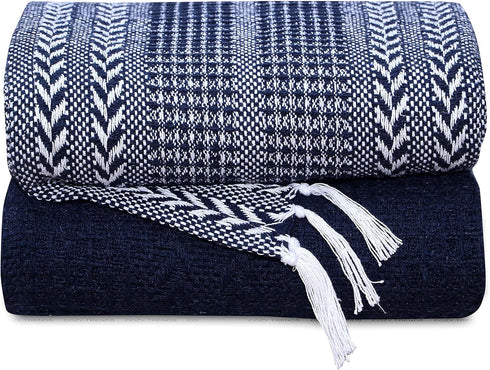 Handwoven Set of Two - Cotton Throw Blankets, Rustic Ottoman & Batik