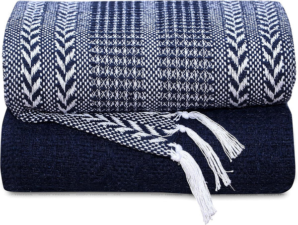 Handwoven Set of Two - Cotton Throw Blankets, Rustic Ottoman & Batik