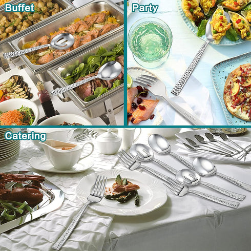 E-far 6-Piece Hammered Serving Utensils Set, 8.7 Inch Stainless Steel Hostess Spoons and Forks, Dishwasher Safe