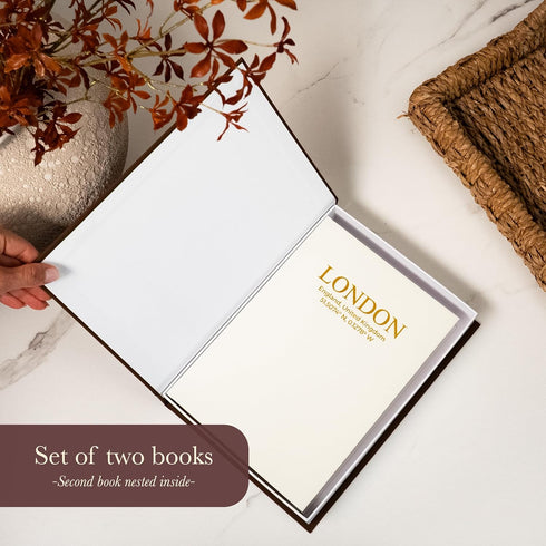 Set 2 Decorative Books with Storage (Caramel/Beige) of Faux Linen Book Boxes with Gold Stamped Covers Enhance Your