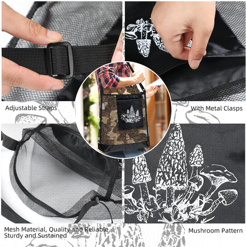 Woanger 3 Pcs Mushroom Foraging Hunting Bags Black Mesh Mushroom Harvesting Gathering Collecting Adjustable Picking Bag
