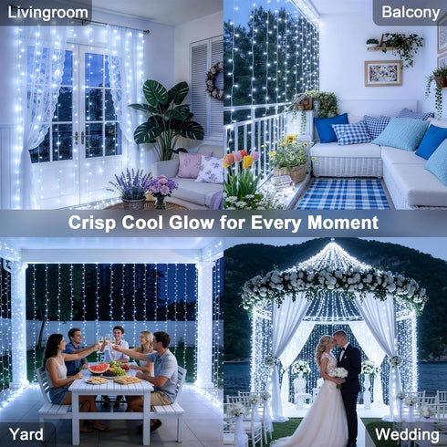300 9.8x9.8Ft 8 JMEXSUSS LED Curtain Lights Indoor with Remote, White Christmas Lights Plug in, Modes White String