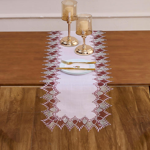 90 inches 16x90) White Dark Red Linen Lace Table Runner Long, Claret Dresser Scarf Table Topper for Christmas Kitchen