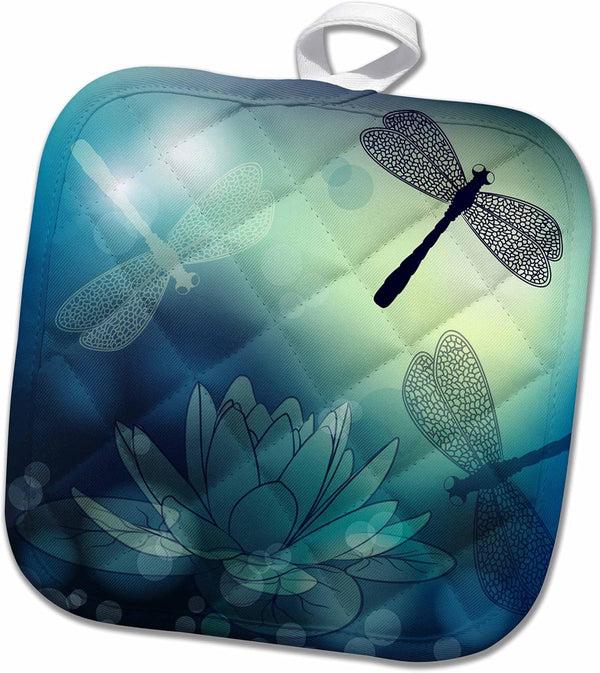 3D Rose Translucent Shimmering Blue Dragonflies Pot Holder - 8 x 8